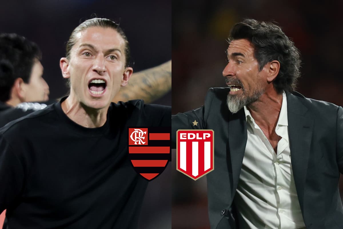 Montagem com Filipe Luís, técnico do Flamengo, ao lado de Eduardo Domínguez, técnico do Estudiantes, com os escudos das equipes lado a lado no centro da imagem