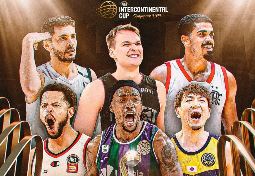 Arte da Fiba com destaques de todos os participantes da Copa Intercontinental; Alexey Borges representa o FlaBasquete