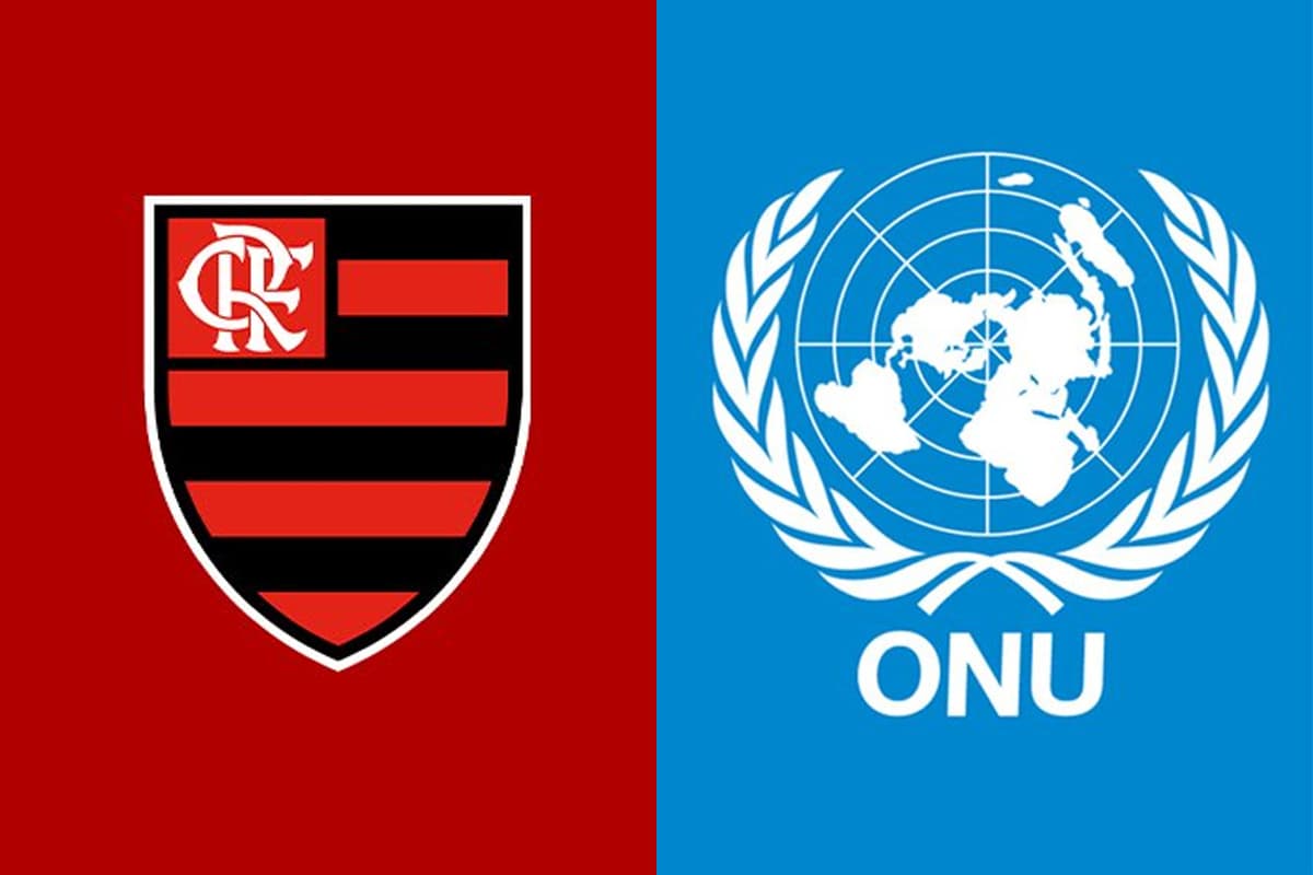 Montagem com o escudo do Flamengo com fundo vermelho à esquerda e o símbolo da ONU com fundo azul à direita