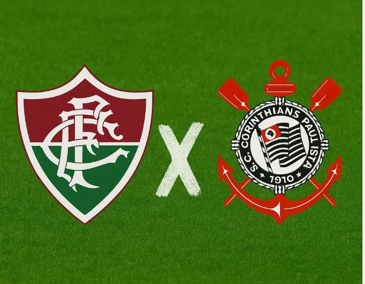 Arte digital com fundo de gramado verde, exibindo à esquerda o escudo do Fluminense (nas cores grená, verde e branco com monograma 'FFC') e à direita o escudo do Corinthians (com âncora, remos cruzados, bandeira paulista e inscrição 'S.C. Corinthians Paul