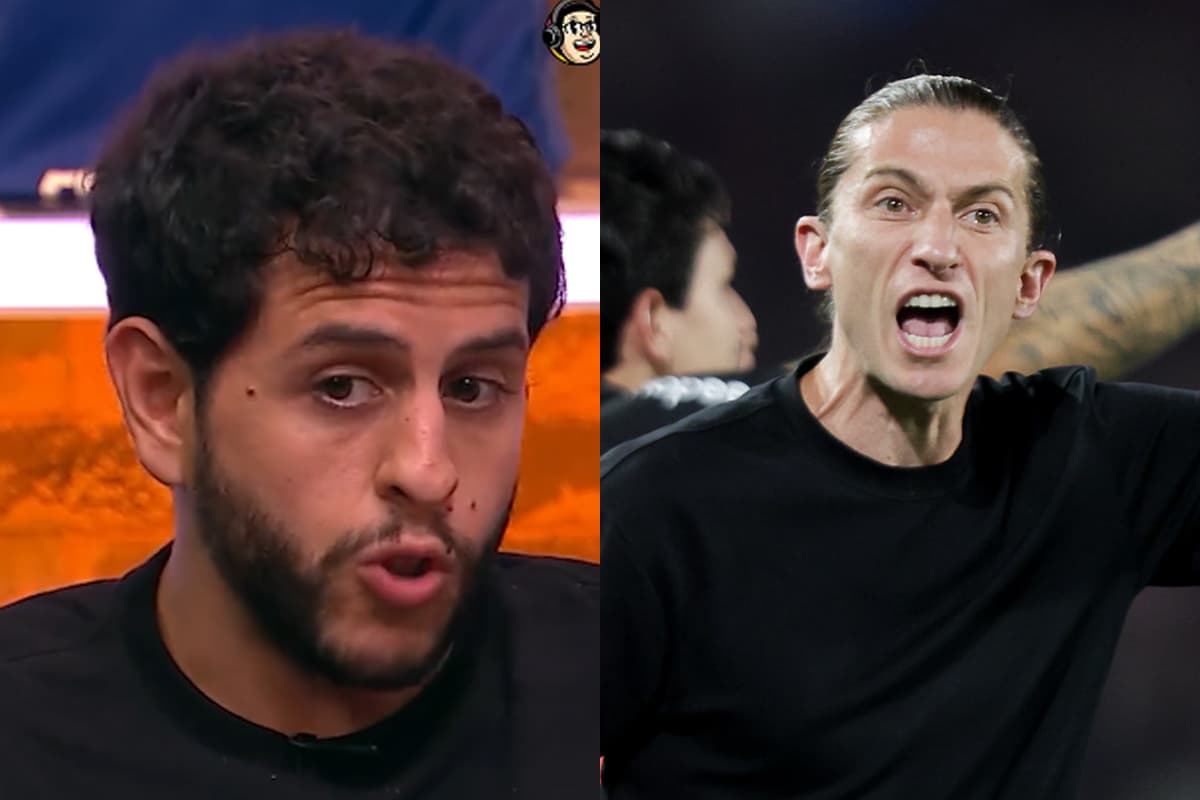 Montagem da esquerda pra direita com Gabriel Simões, jornalista da CazeTV, durante o programa CopaZona, e Filipe Luís reclamando com alguém durante Flamengo x Vasco