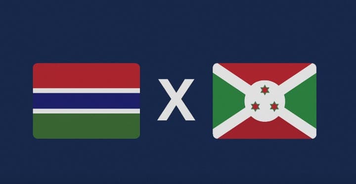 Arte digital com fundo azul, exibindo à esquerda a bandeira da Gâmbia (faixas horizontais vermelha, azul com linhas brancas e verde) e à direita a bandeira do Burundi (cruz diagonal branca sobre campos vermelhos e verdes, com três estrelas vermelhas em cí