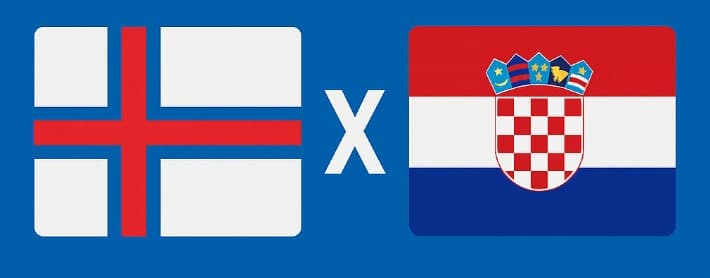 Bandeiras das seleções de Ilhas Faroé e Croácia lado a lado, separadas por um X branco sobre fundo azul, representando confronto das Eliminatórias da Copa do Mundo 2026