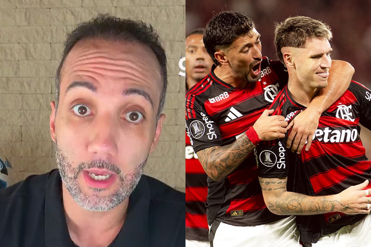 montagem com jorge iggor, à esquerda, em vídeo sobre Flamengo x Estudiantes, e à direita, Varela e Arrascaeta comemorando um gol no Maracanã contra a equipe argentina