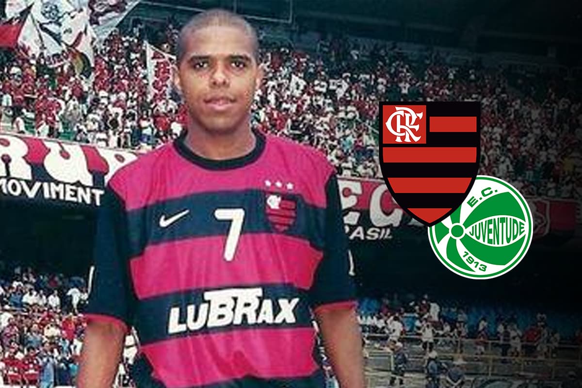 Montagem com Lê, com a camisa do Flamengo no Maracanã em 2001, ao lado dos escudos de Flamengo e Juventude