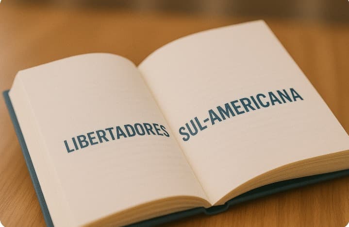 Livro aberto sobre uma mesa de madeira, com a página da esquerda exibindo a palavra 'Libertadores' e a página da direita exibindo 'Sul-Americana', ambas em letras azuis, no estilo de um guia esportivo