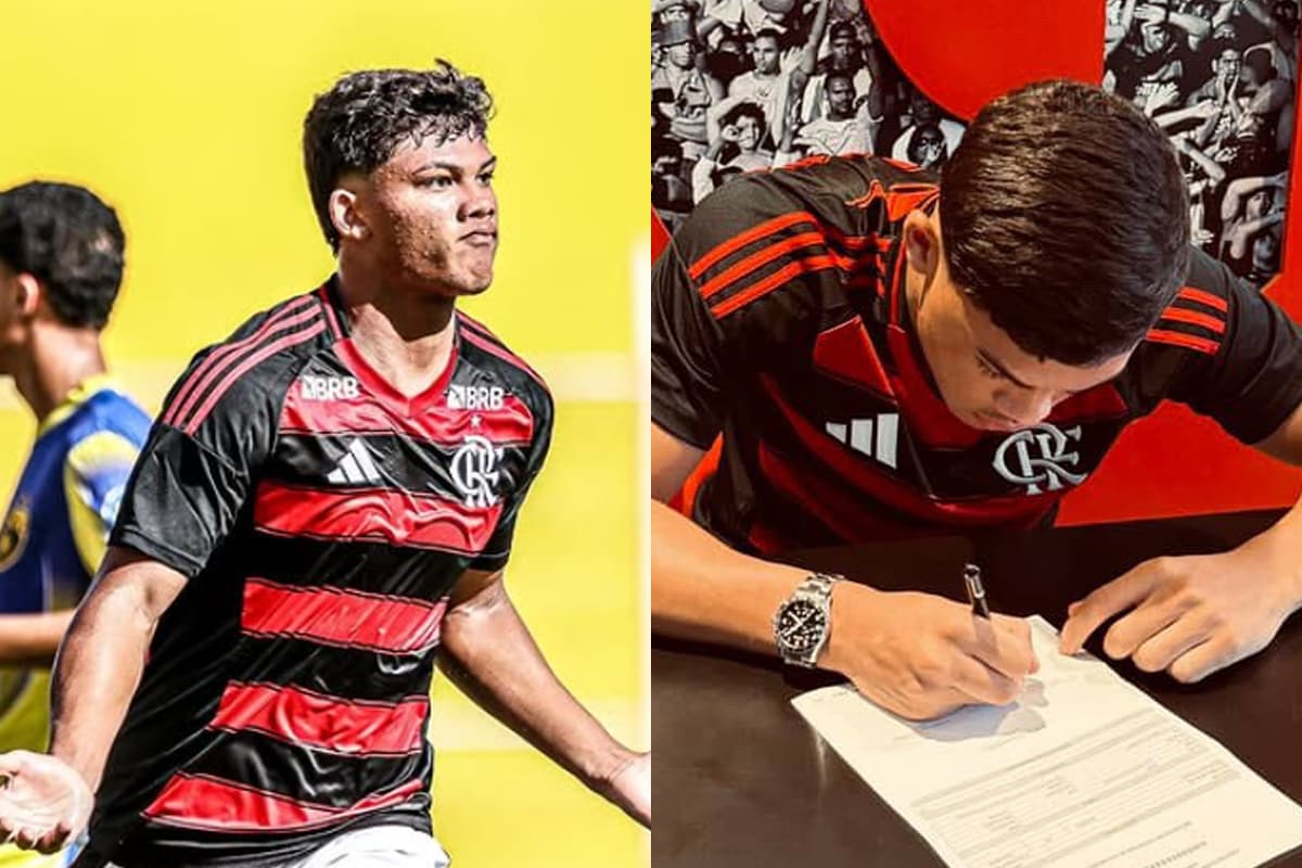 Montagem da esquerda pra direita com luiz guilherme, do flamengo, comemorando gol (à esquerda) e assinando contrato com o flamengo (à direita)