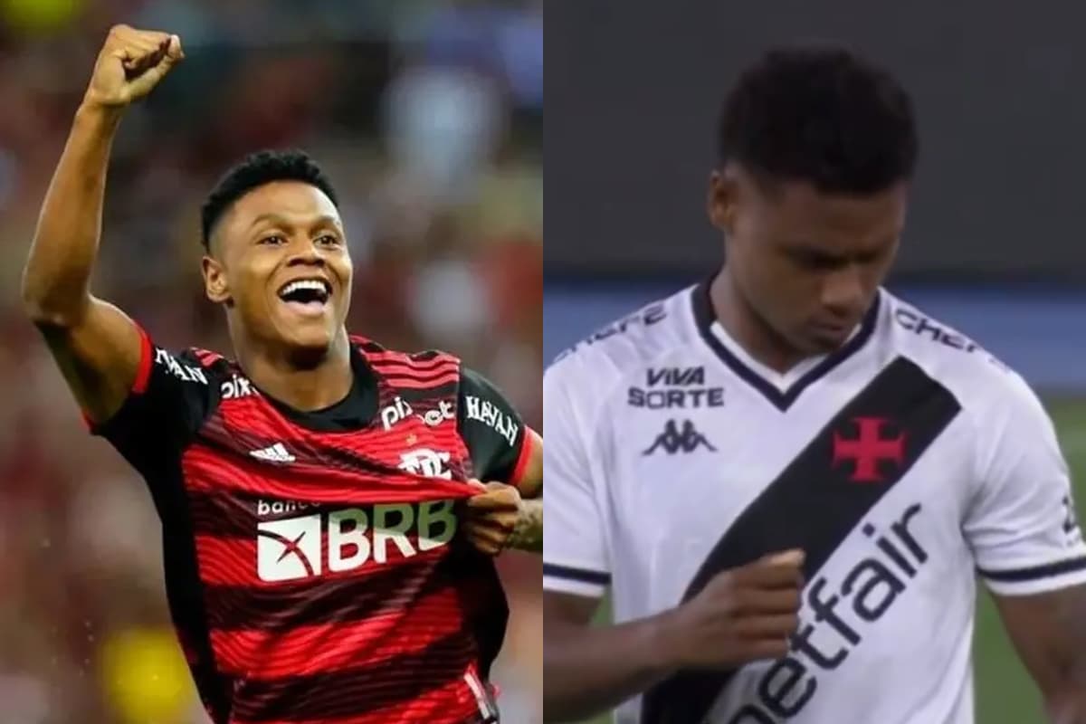 Montagem da esquerda pra direita com Matheus França comemorando gol pelo Flamengo em 2022 e Matheus França olhando para o escudo do Vasco em 2025