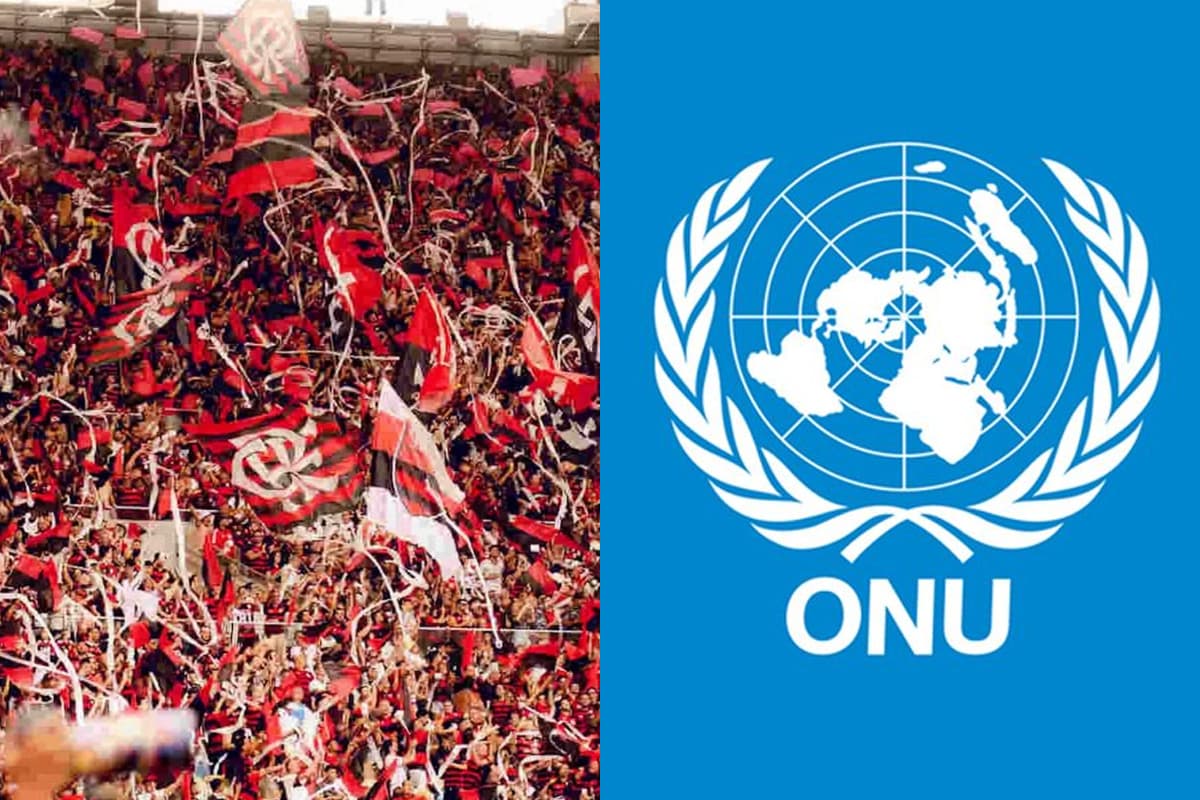 Montagem da esquerda pra direita: torcida do Flamengo no Maracanã e símbolo da onu branco com fundo azul