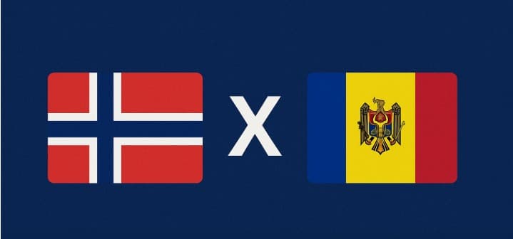 Arte digital com fundo azul, exibindo à esquerda a bandeira da Noruega (campo vermelho com cruz azul contornada em branco) e à direita a bandeira da Moldávia (com listras verticais azul, amarela e vermelha e brasão central com águia). No centro, um grande