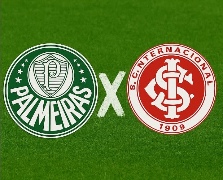 Arte digital com fundo de gramado verde, exibindo à esquerda o escudo do Palmeiras (círculo verde com a letra 'P' central e estrelas ao redor) e à direita o escudo do Internacional (círculo vermelho com monograma branco 'SCI' e inscrição 'S.C. Internacion