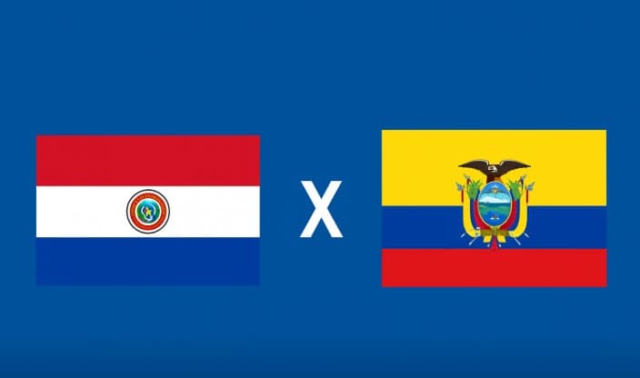 Bandeiras de Paraguai e Equador lado a lado com um X branco ao centro em fundo azul, representando confronto das Eliminatórias da Copa do Mundo 2026.