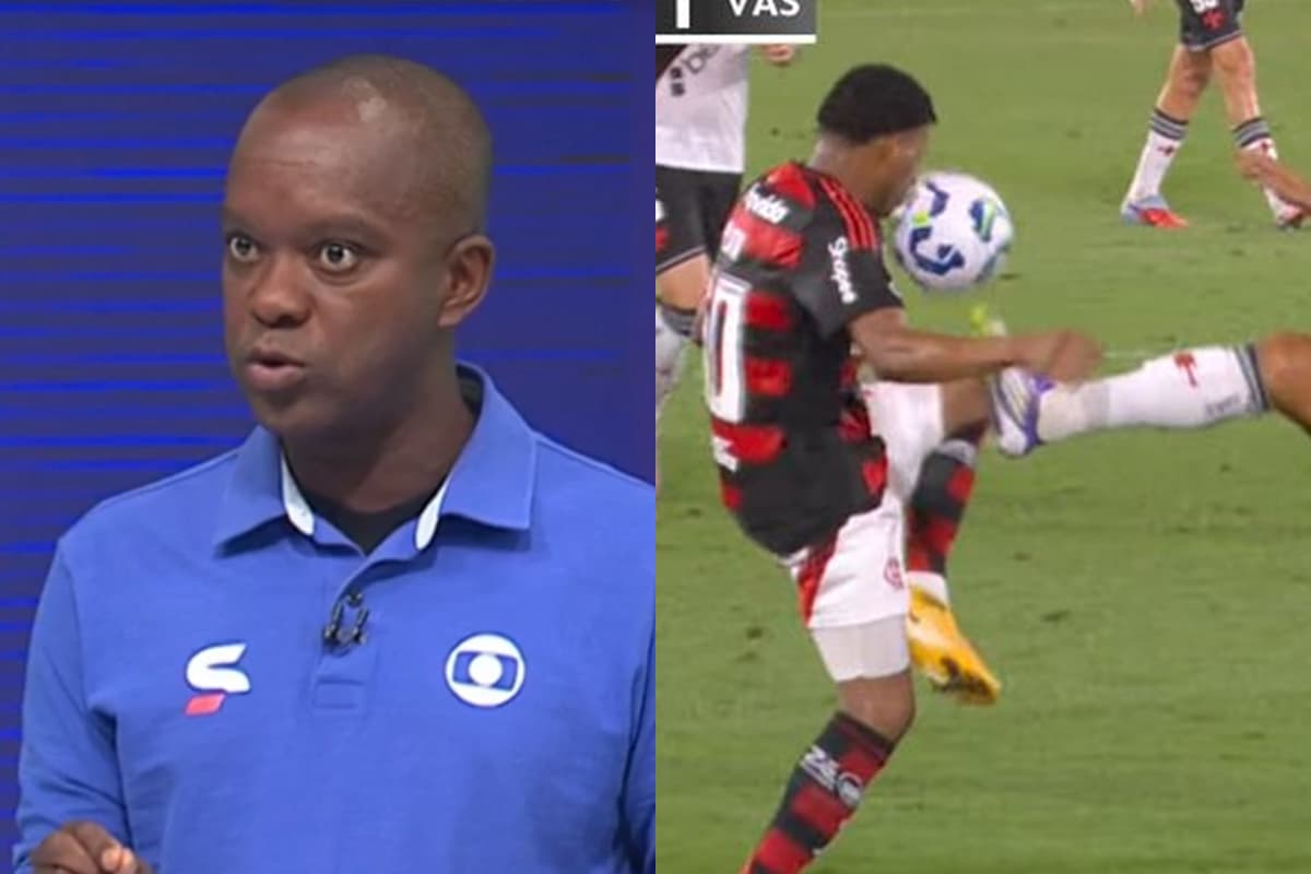 Montagem da esquerda pra direita com PC Oliveira durante programa do SporTV e falta sofrida por Plata, na altura do joelho esquerdo, durante Flamengo x Vasco