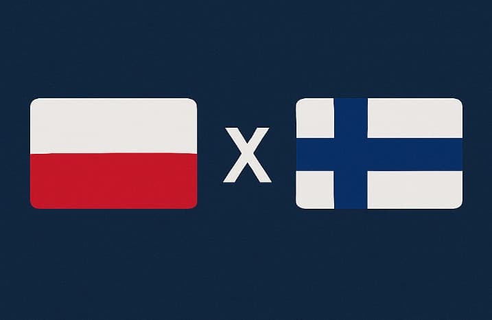 Bandeira da Polônia à esquerda e bandeira da Finlândia à direita, separadas por um "X" branco central sobre fundo azul escuro