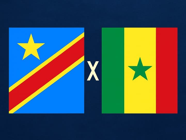 Bandeira da República Democrática do Congo à esquerda e bandeira do Senegal à direita, separadas por um "X" branco central sobre fundo azul escuro