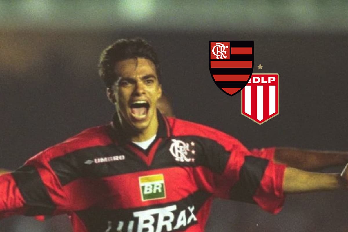 Montagem com Rodrigo Mendes, jogando pelo Flamengo em 1999, ao lados dos escudos de Flamengo x Estudiantes