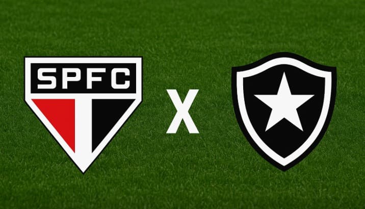 Arte digital com fundo de gramado verde, exibindo à esquerda o escudo do São Paulo FC (escudo triangular branco com as letras 'SPFC' em preto, triângulo vermelho e preto abaixo) e à direita o escudo do Botafogo (escudo preto com borda branca e estrela sol