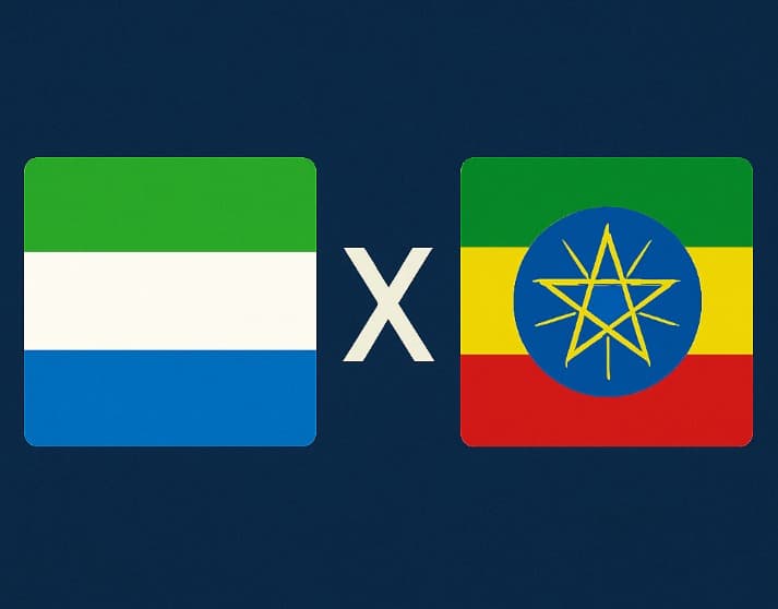 Bandeira de Serra Leoa à esquerda e bandeira da Etiópia à direita, separadas por um "X" branco central sobre fundo azul escuro