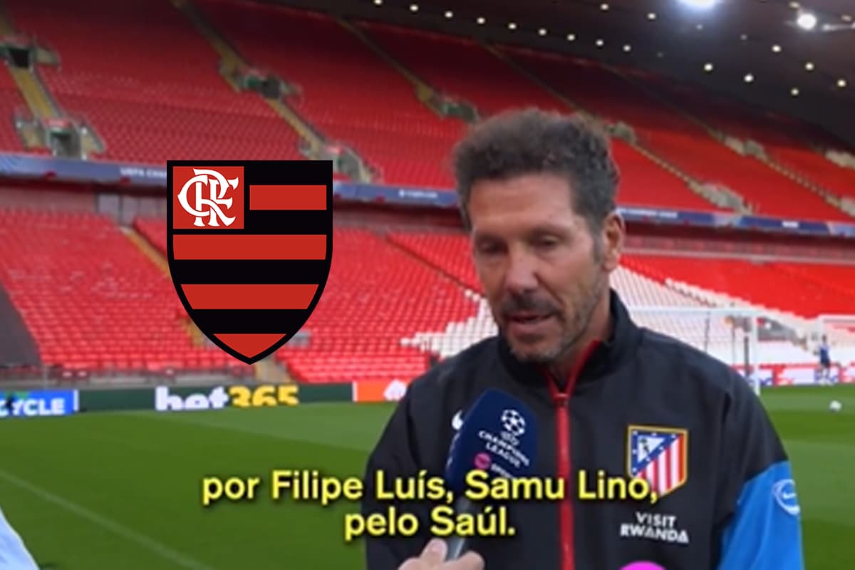 Montagem de trecho de entrevista de Simeone com o escudo do Flamengo ao lado dele