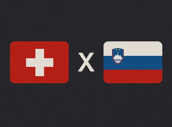 Bandeira da Suíça à esquerda e bandeira da Eslovênia à direita, separadas por um "X" branco central sobre fundo azul escuro
