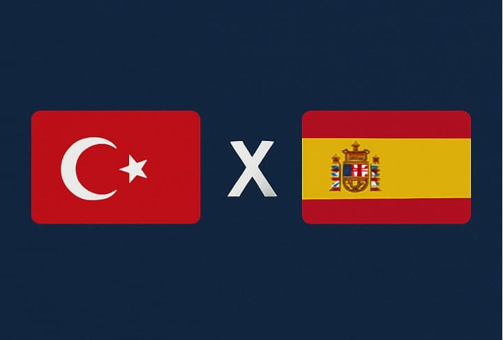 Bandeira da Turquia à esquerda e bandeira da Espanha à direita, separadas por um "X" branco central sobre fundo azul escuro