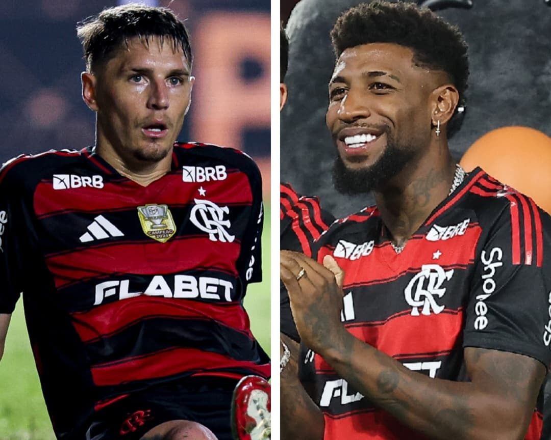Varela sentado em campo e Emerson Royal aplaudindo torcida na sua apresentação ao Flamengo