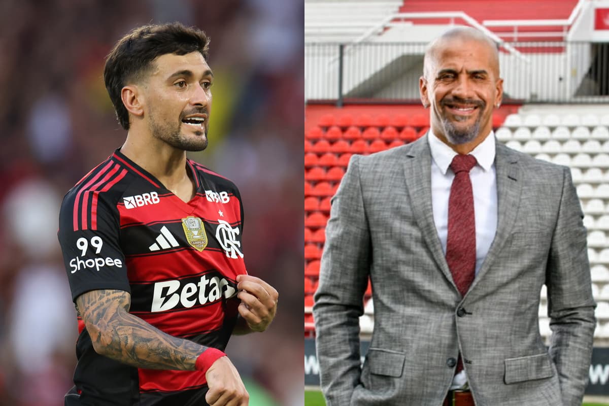 Montagem com Arrascaeta comemorando gol pelo Flamengo, à esquerda, e Verón, presidente do Estudiantes, à direita