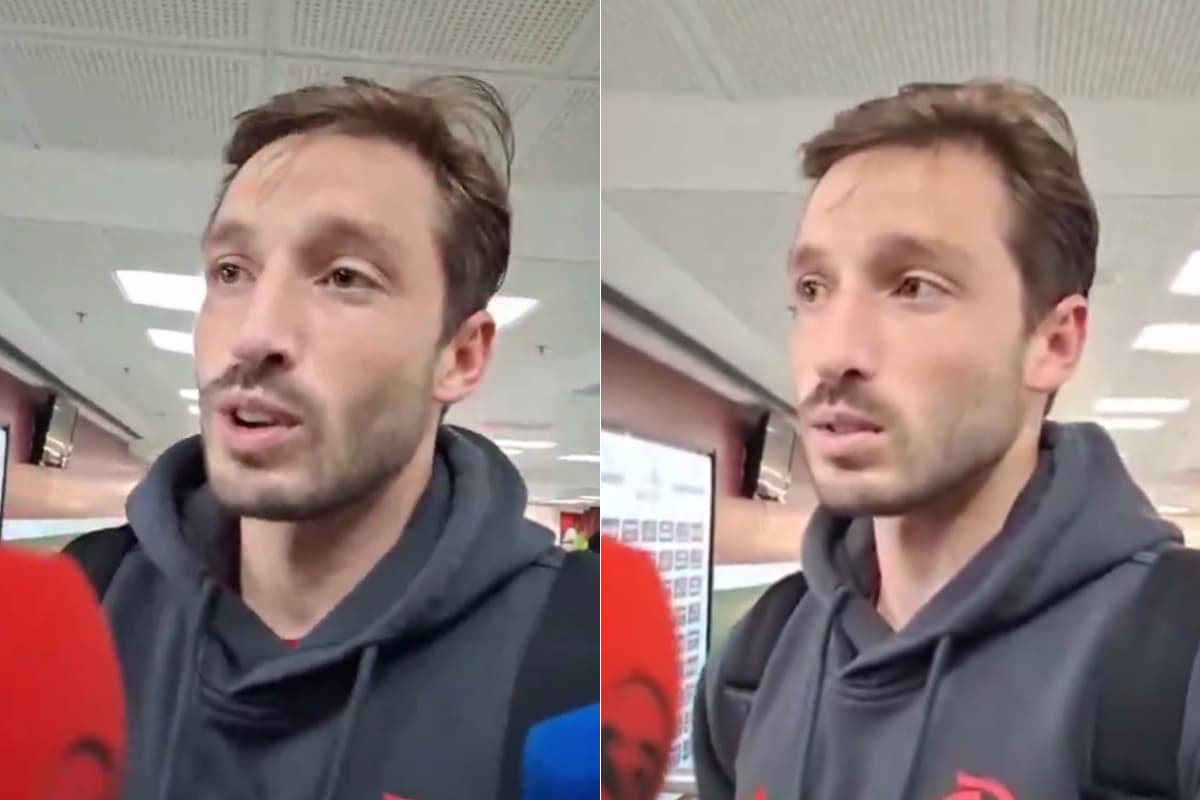 Duas fotos de Matías Viña vestindo um casaco preto do Flamengo, durante entrevista na zona mista do Maracanã após Flamengo x Estudiantes