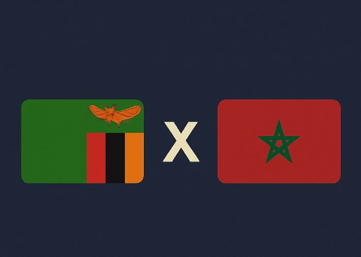 Bandeira da Zâmbia à esquerda e bandeira de Marrocos à direita, separadas por um "X" branco central sobre fundo azul escuro