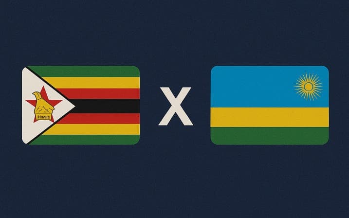Bandeira do Zimbábue à esquerda e bandeira de Ruanda à direita, separadas por um "X" branco central sobre fundo azul escuro