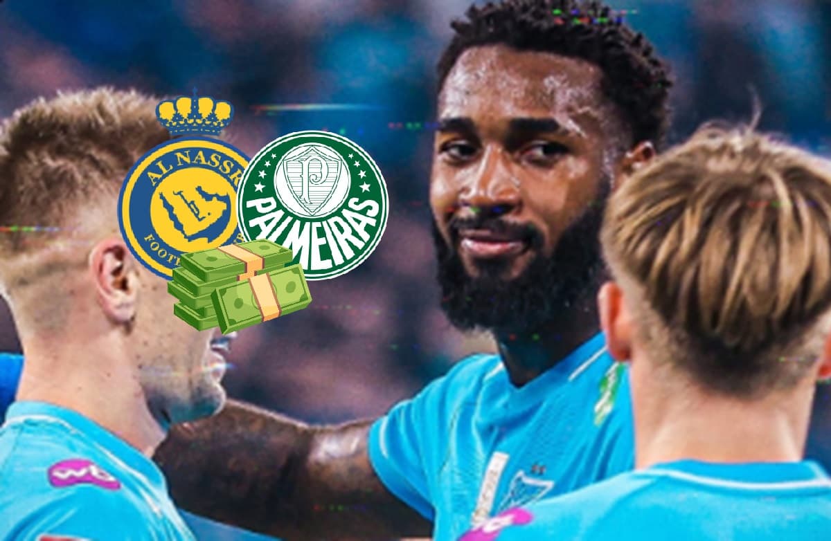 Gerson em jogo do Zenit; escudos do Al-Nassr, Palmeiras e logo de dinheiro