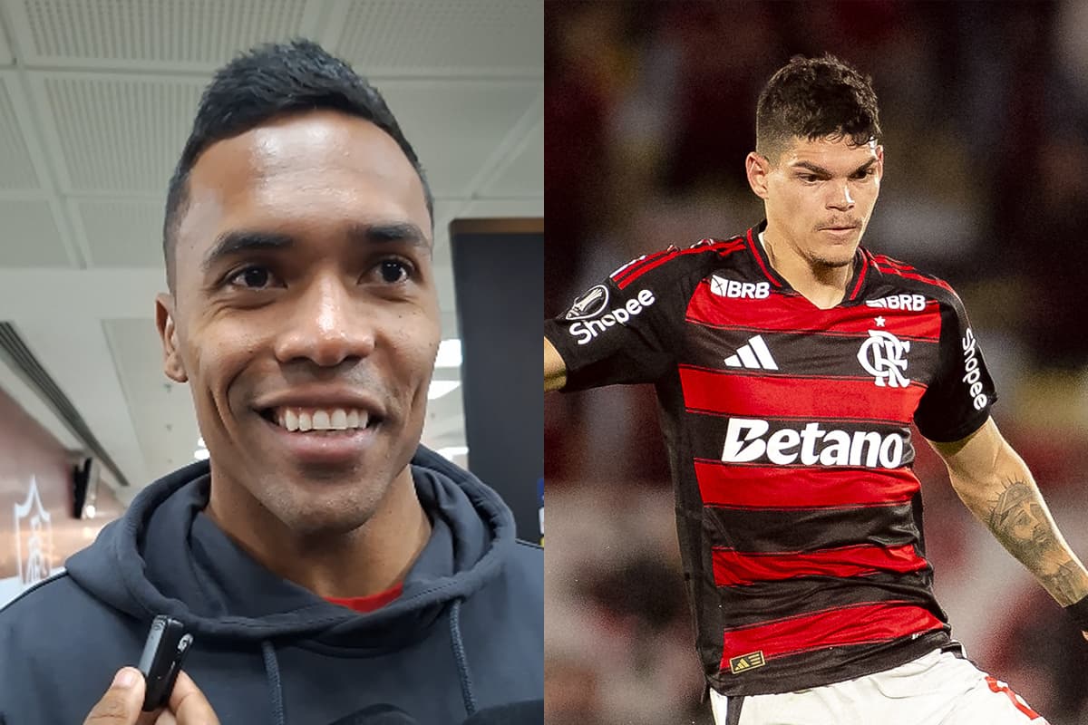 Montagem da esquerda pra direita: Alex Sandro em zona mista do Maracanã após Flamengo x Racing e Ayrton Lucas durante o confronto entre Flamengo e Racing