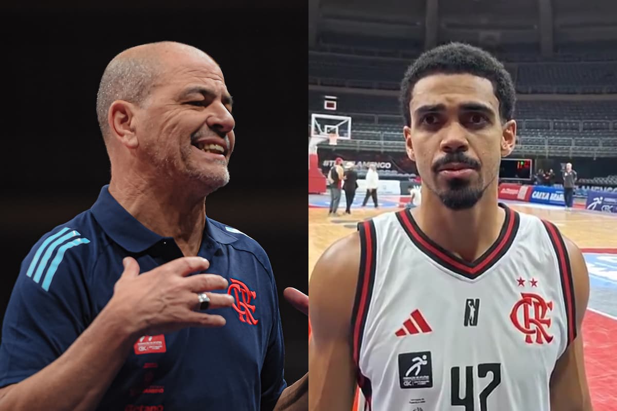 Montagem da esquerda pra direita: técnico Oveja durante Flamengo x Unifacisa e Alexey durante zona mista no Maracanãzinho