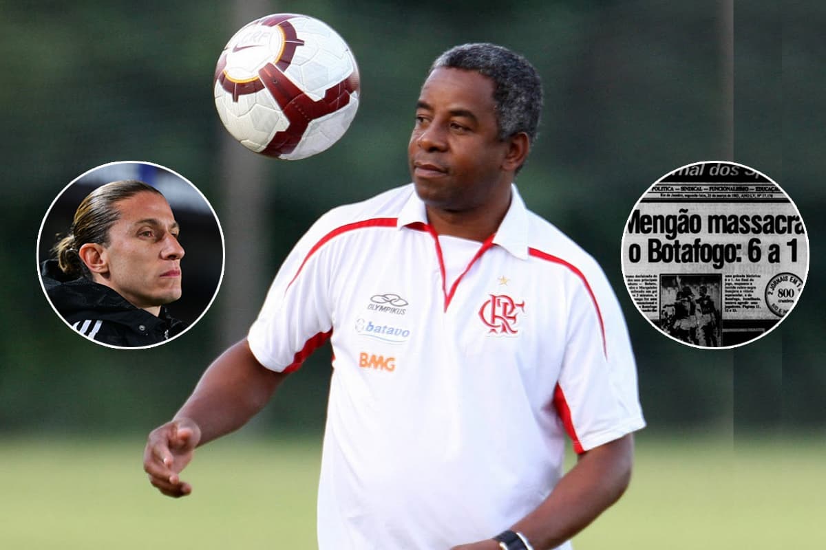 Montagem com foto principal sendo Andrade, em 2009, como técnico do Flamengo. Ao lado esquerdo de Andrade, uma foto circular de Filipe Luís, e à direita uma foto de um jornal noticiando uma goleada de 6 a 1 do Flamengo sobre o Botafogo em 1985