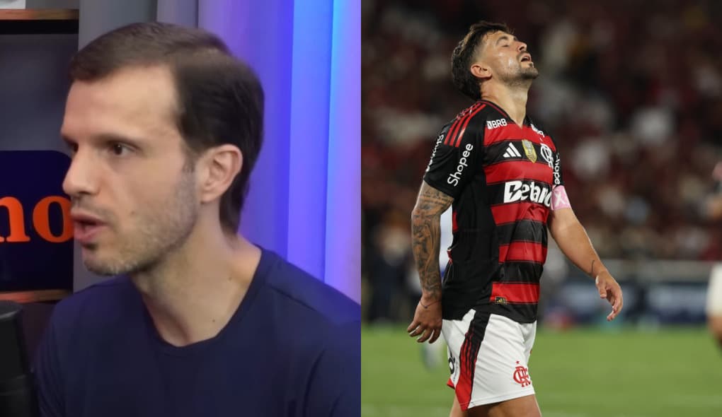 A foto ilustra o jornalista André Kfouri de um lado e do outro Arrascaeta lamentando um lance com a camisa do Flamengo