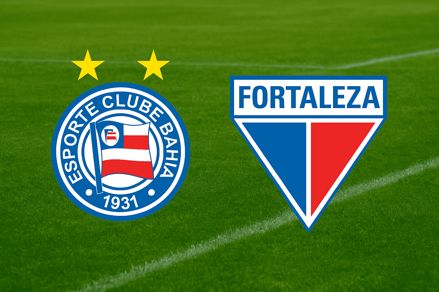 Escudos de Bahia e Fortaleza lado a lado com fundo de campo de futebol para matéria de onde assistir ao duelo pela Copa Maria Bonita Betnacional 2025