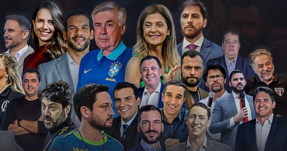 Banner da CBF Summit 2025 com fotos dos palestrantes, entre eles Ancelotti, Leila Pereira, Casares, PVC e outros nomes em embate com o Flamengo