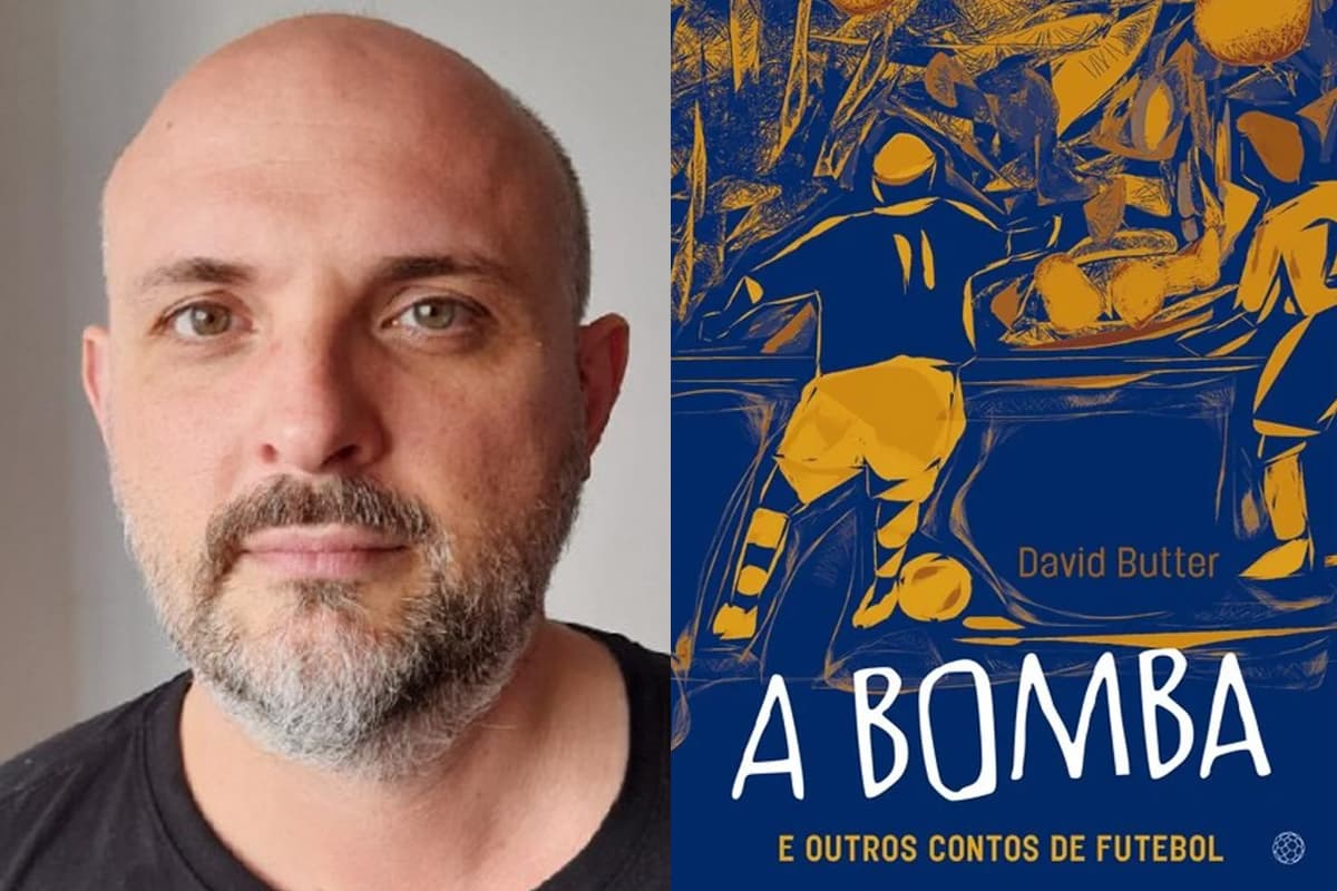 Montagem da esquerda pra direita: Foto do escritor David Butter, autor do Livro "A bomba e outros contos de futebol", com semblante sério e olha reto, ao lado da capa do livro