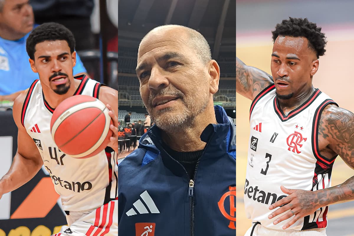 Montagem da esquerda pra direita: Alexey Borges com a bola durante Flamengo x Fortaleza; Oveja em zona mista no Maracanãzinho; Dee Bost durante Flamengo x Fortaleza