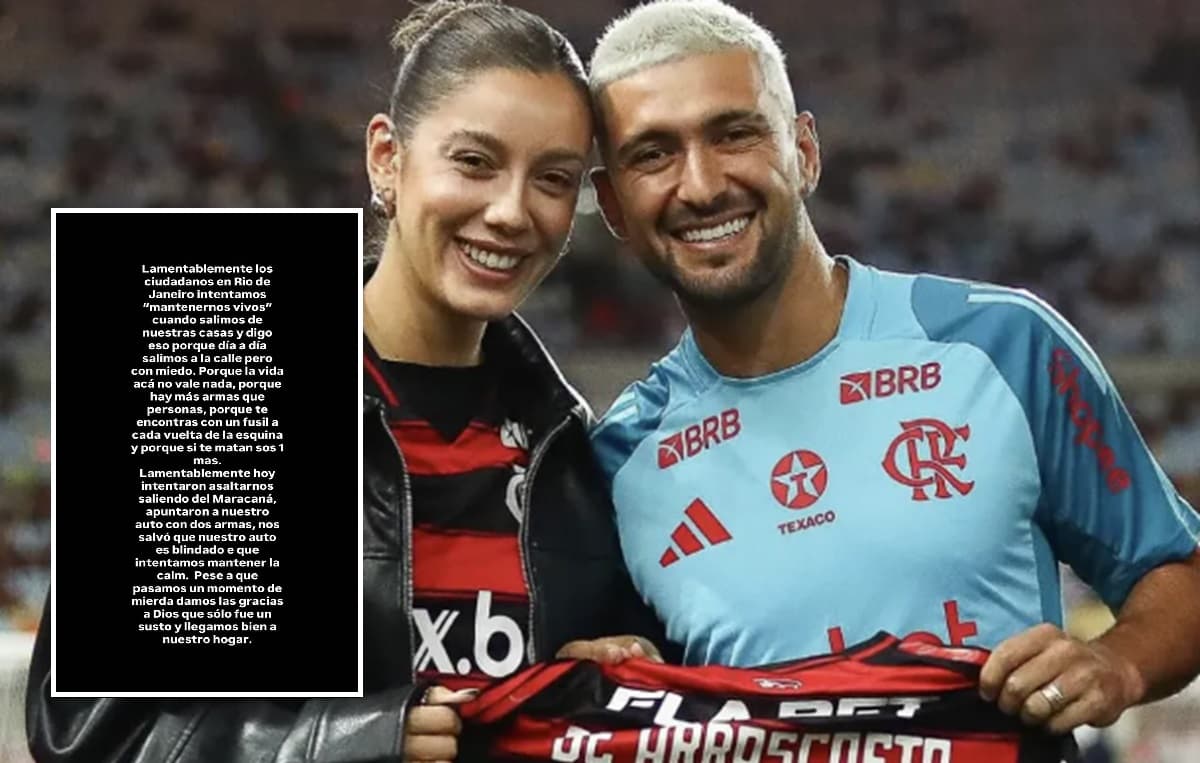 Esposa de Arrascaeta com o craque uruguaio segurando camisa do Flamengo; nota de Camila sobre assalto