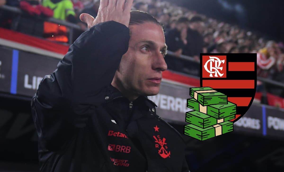 Filipe Luís, técnico do Flamengo, ajeita cabelo em jogo contra Estudiantes. Imagem do escudo e de dinheiro