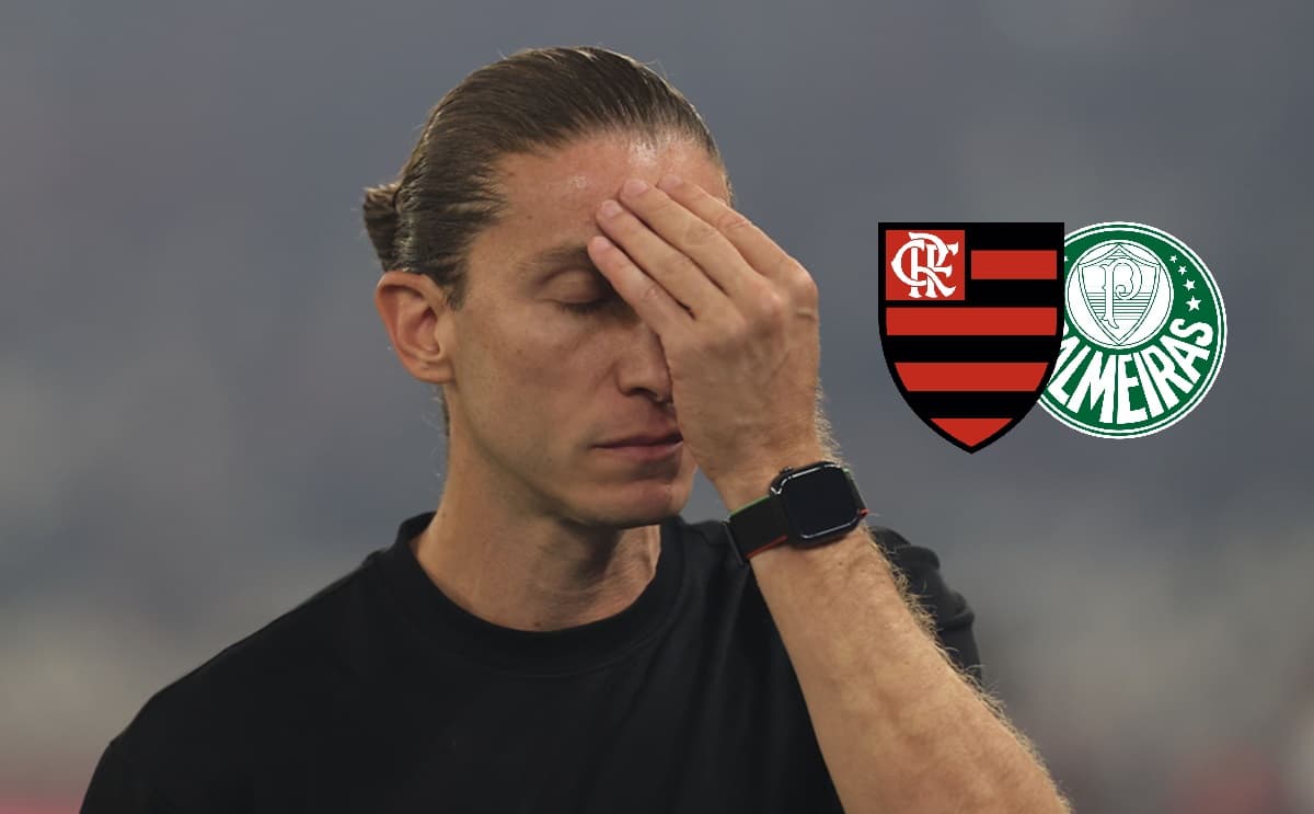 Filipe Luís com as mãos na cabeça; escudos de Flamengo e Palmeiras