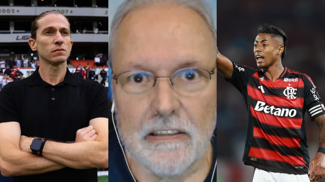 Filipe Luís, técnico do Flamengo, jornalista RMP, com cara de bravo, e Bruno Henrique, atacante do Flamengo
