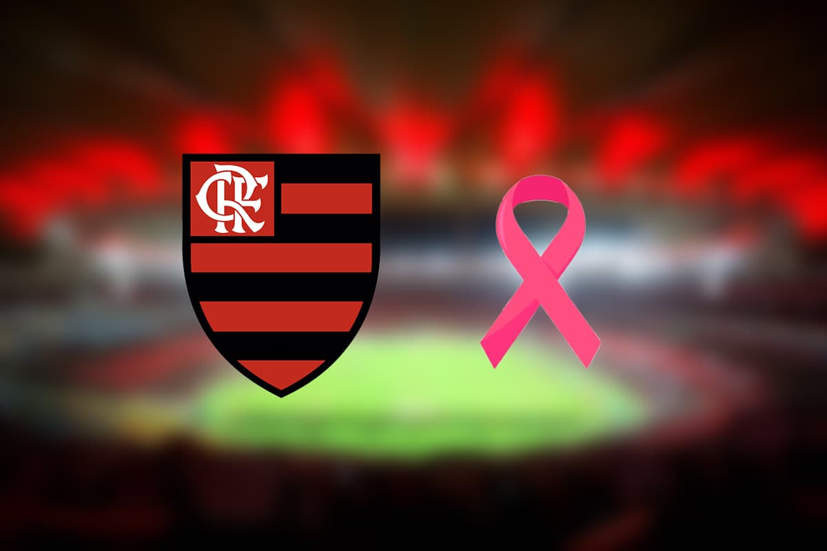 Montagem com o Maracanã desfocado ao fundo com o escudo do Flamengo ao lado do símbolo do Outubro Rosa