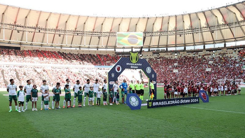 O time da SE Palmeiras, em jogo contra a equipe do CR Flamengo, durante partida válida pela vigésima segunda rodada, do Campeonato Brasileiro, Série A, no Estádio Maracanã