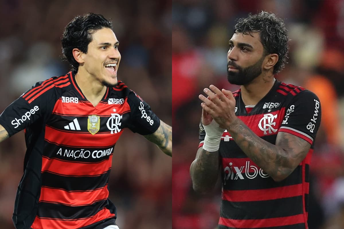 Montagem da esquerda pra direita: Pedro, em 2025, comemorando gol pelo Flamengo no Maracanã, e Gabigol, em 2024, aplaudindo a torcida do Flamengo no Maracanã