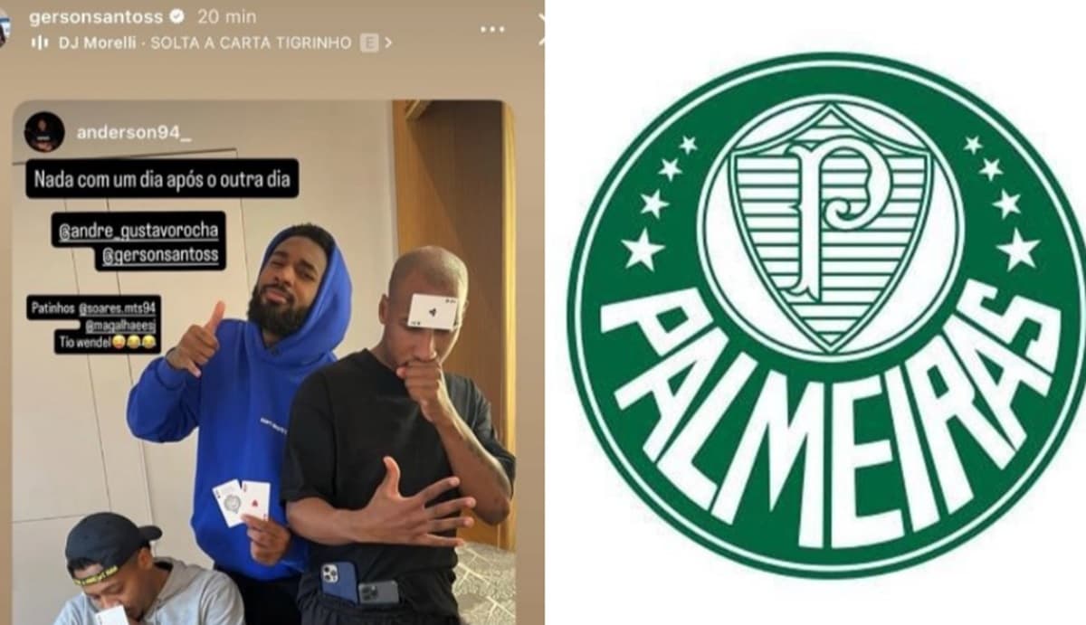 Gerson com amigos reposta story com ligação ao Palmeiras; escudo da equipe alviverde