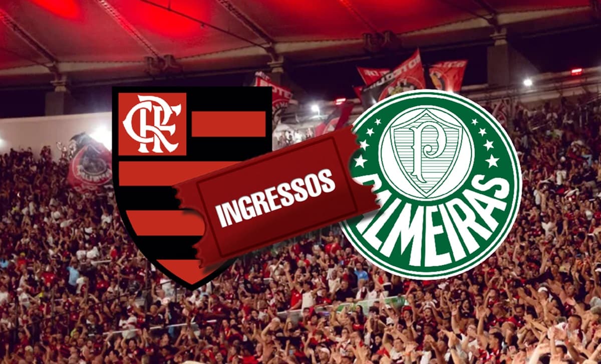 Escudos de Flamengo e Palmeiras com foto de ingressos