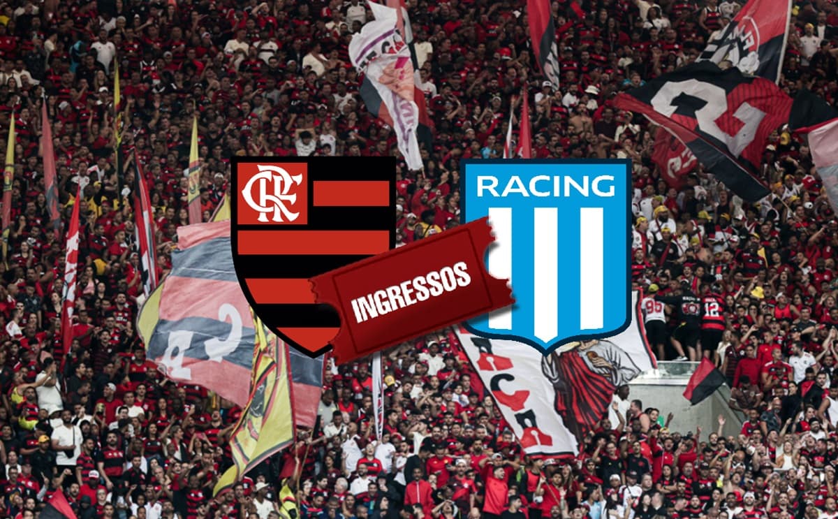 Torcida do Flamengo no Maracanã; escudos do Mengão e do Racing com foto de ingressos