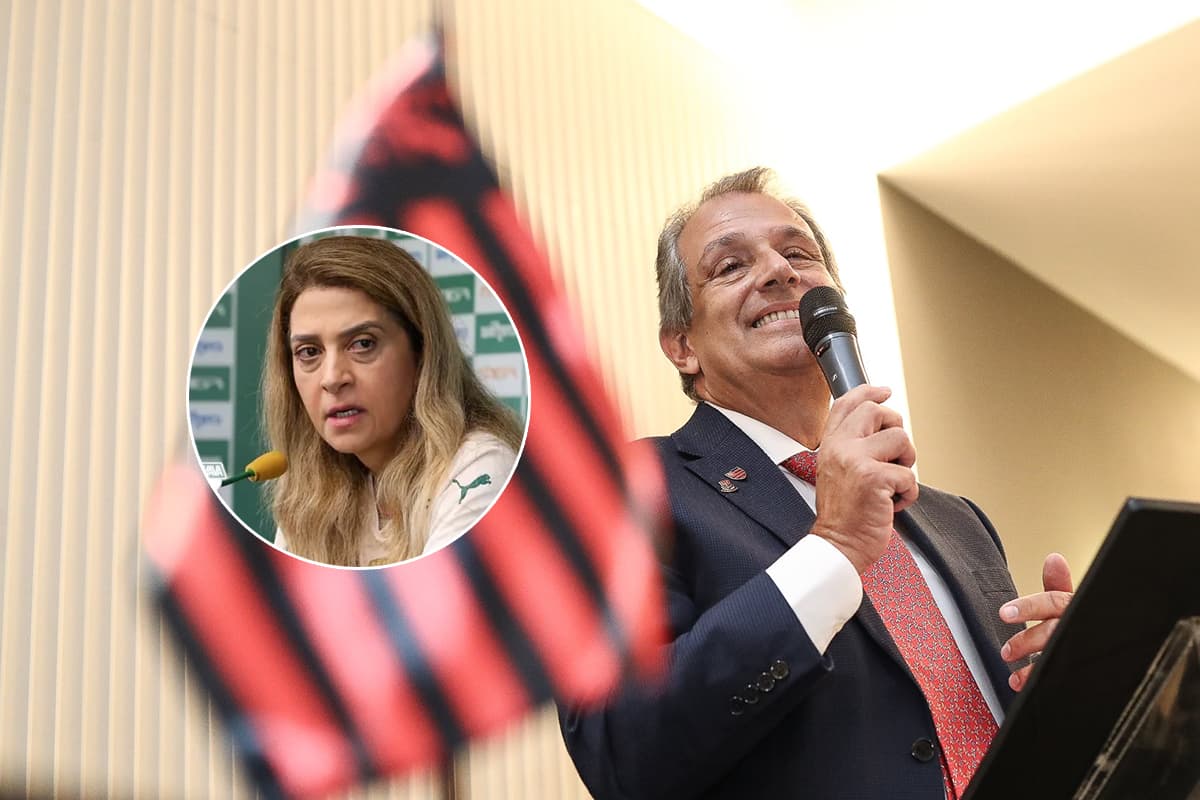 Montagem com Bap em plano maior sorridente e Leila Pereira em plano menor espantada; presidentes de Flamengo e Palmeiras brigam na Libra